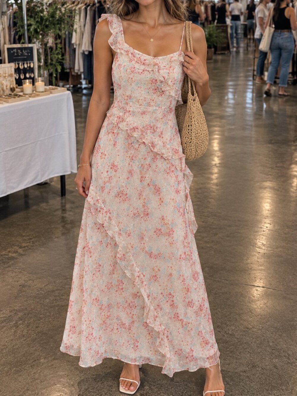 NWOT Storia Floral Maxi Dress Cream Pink Blue Ruffle Asymmetric Strap M